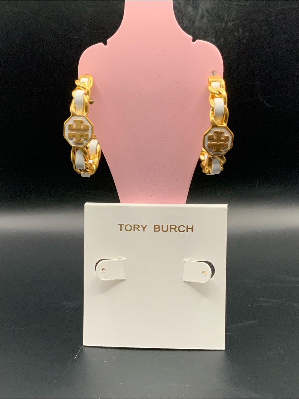 Tory Burch Gold and White Chain Hoop Earrings - Picture 4 of 6